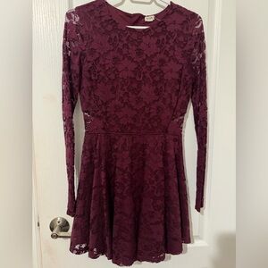 Garage Long-Sleeve Lace Fit & Flare Dress in Wine